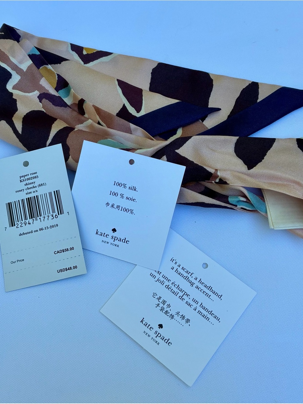 NWT KATE SPADE PAPER ROSE SILK SKINNY SCARF